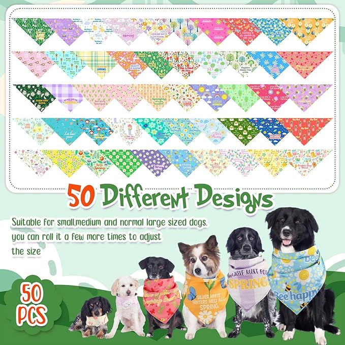 Chunful 50 Pcs Spring Dog Bandanas Floral Dog Bibs Seasonal Pet Costume Adjustable Cat Puppy Spring Outfit Cute Washable Triangle Scarf Kerchief for Small to Medium Pet