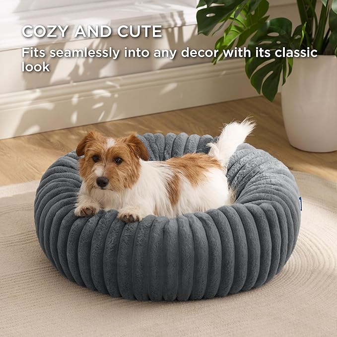 Bedsure ComfyFleece™ Donut Small Dog Bed - Dog Beds for Small Dogs with Corduroy Fleece & Anti Slip Bottom, Round Faux Fur Pet Beds with Washable Removable Cover, Warm Grey, 27x27x8 inches