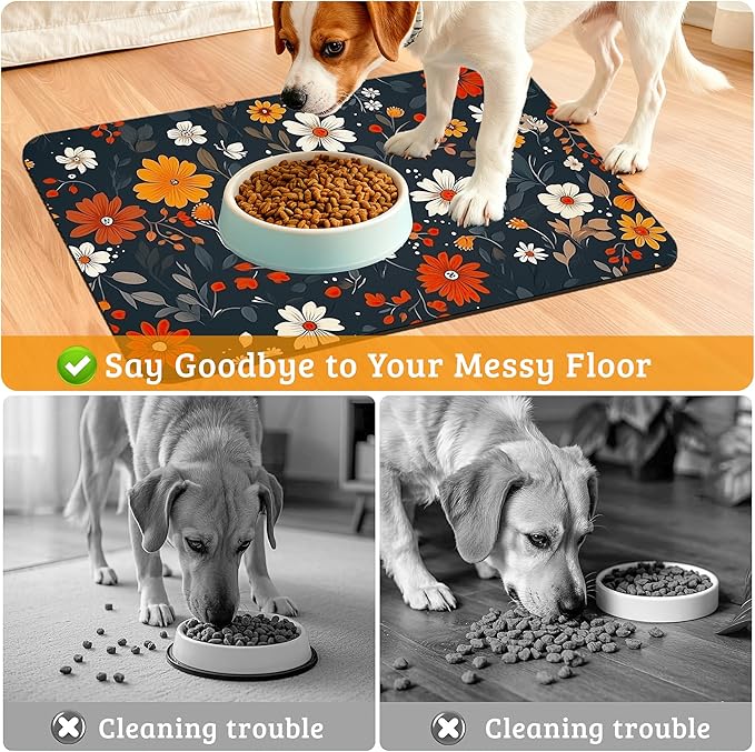 Floral Black Feeding Mat,Absorbent Quick-Dry Cat Dog Food and Water Bowl Mats,Non-Slip Rubber Backing Mat,Cat Dog Accessories Supplies 16" x 24"