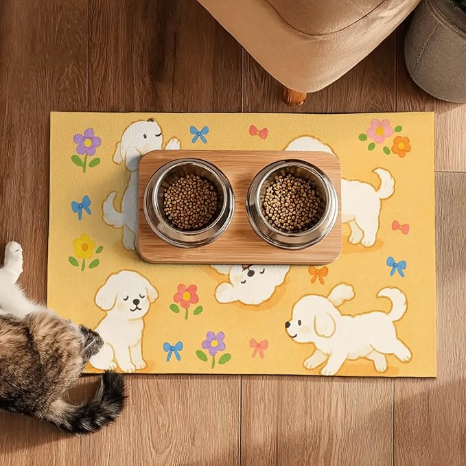 Bichon Frise Pet Food Mat Cute Spill-Proof Dog Water Bowl Mat Funning Mats for Cat Food and Water Bowls Cute Easy Clean Dog Bowl Mats Pet Placemat 20" x 12" Fast Dry Pets Feeding Pad