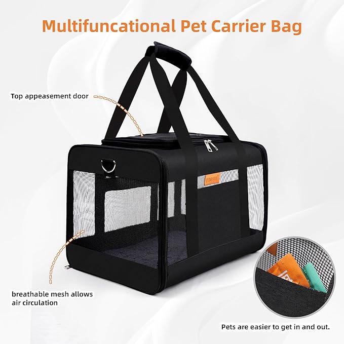 YUNIQUE Soft-Sided Cat & Dog Carrier for Pets Up to 15 Lbs, Airline Approved Collapsible Travel Puppy Carrier with Lightweight Fabric Design (Black)