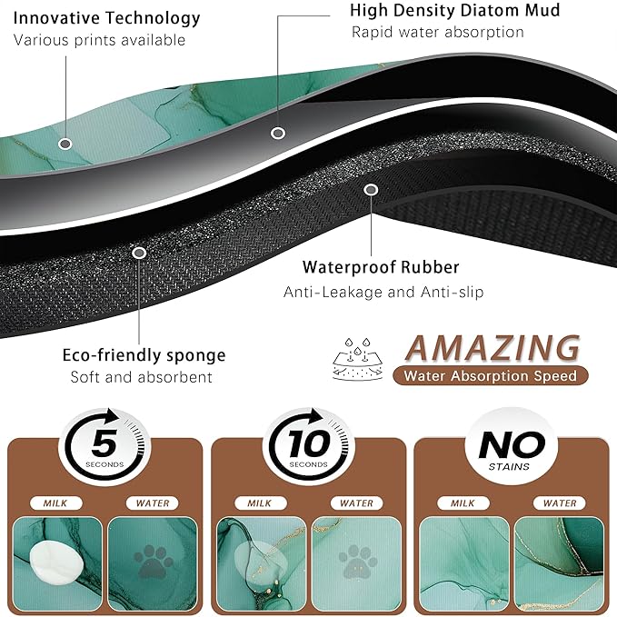 Marble Dog Food Mat for Floors,Green Gold Flowing Marble Absorbent Quick-Dry Pet Feeding Mat,Cat Dog Bowl Mats for Food and Water,Non-Slip Pet Accessories Supplies 16"x24"