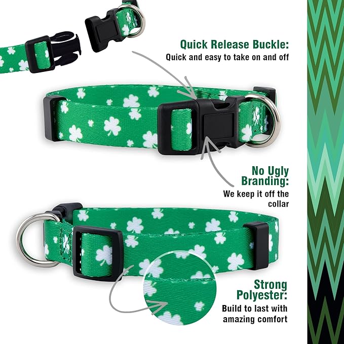 Native Pup St Patricks Dog Collar- Saint Patrick Green Shamrock Pet Collars- St. Patrick’s Lucky Irish- Cute Boy Girl Puppy Gift- Adjustable for Small, Medium, Large Breeds (Lucky Shamrock, Small)