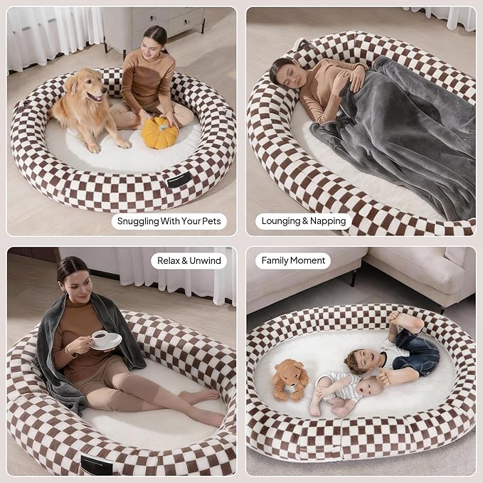 74"x50"x12" Human Dog Bed for Adults, Ultra Plush Waterproof Bean Bag Chair, Machine Washable & Anti-Slip, Memory Foam Oversize Dog Bed for Lounging, Reading, Gaming, Brown Grid