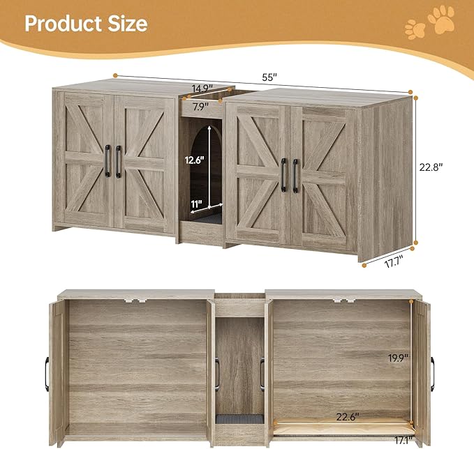 Cat Litter Box Enclosure Furniture - Hidden Litter Box Double Cabinet with Scratch Pad & Cats Bed | Farmhouse Style End Table for Cats | Discreet Cat Washroom for Living Room & Bedroom Grey