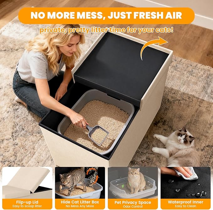 3-in-1 Cat Litter Box Enclosure with Odor Control, Multi-Functional Hidden Litter Box Furniture Bench, Dog Proof, Space-Saving Ottoman Cabinet with Flip-Up Lid, Storage Footrest, Beige