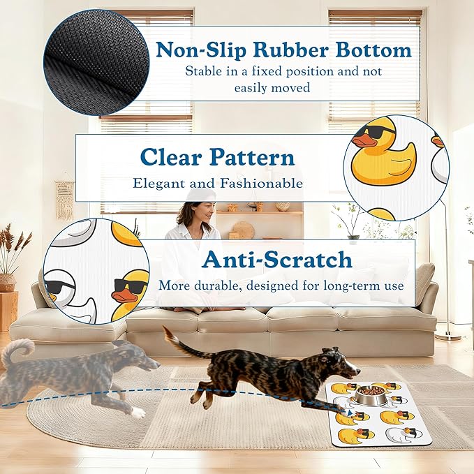Cute Ducks Glasses Pet Feeding Mat for Floors–Christmas Stocking Absorbent Quick Dry Dog Cat Bowl Mat for Food and Water, Non Slip Waterproof Base, Mess-Free Feeding Accessories 16"x24"