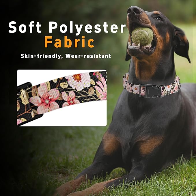 Dog Collar for Boys Girls, Floral Puppy Collar for Small Medium Large Dogs, Adjustable Floral Pattern Soft Pet Collar with Safety Buckle for Male Females(Light Pink,M)