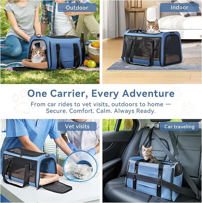 PETSFIT Soft-Sided Cat Carrier with Patented Safety Buckles, Lockable Zippers & Safety Tether,Escape-Resistant Travel Pet Carrier for Car Rides & Vet Visits, Airline Approved Under-Seat, Up to 12 lbs
