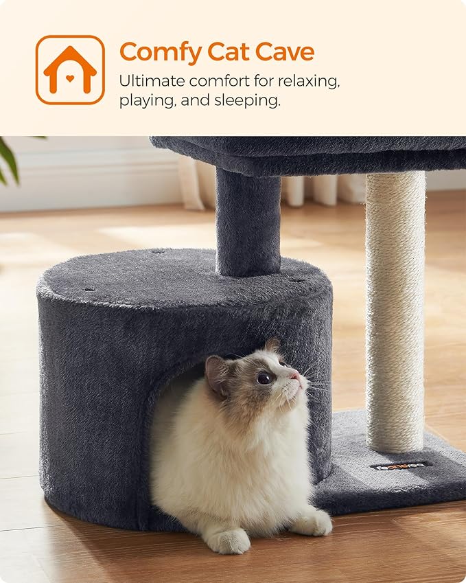 Feandrea Cat Tree, Small Cat Tower with Sisal Scratching Post, Plush Condo with Padded Perch, for Small Spaces, Kittens, Smoky Gray UPCT50G