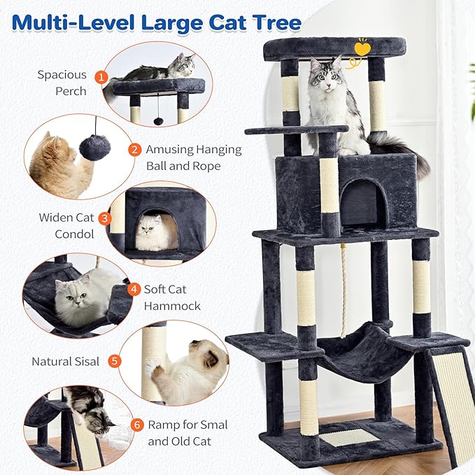 Cat Tree Tower 63in Multi-Level Cat Tower for Indoor Cats with Sisal Scratching Posts, Condo, Hammock, Dangling Ball and Extended Platform for Cats to Play, Grey