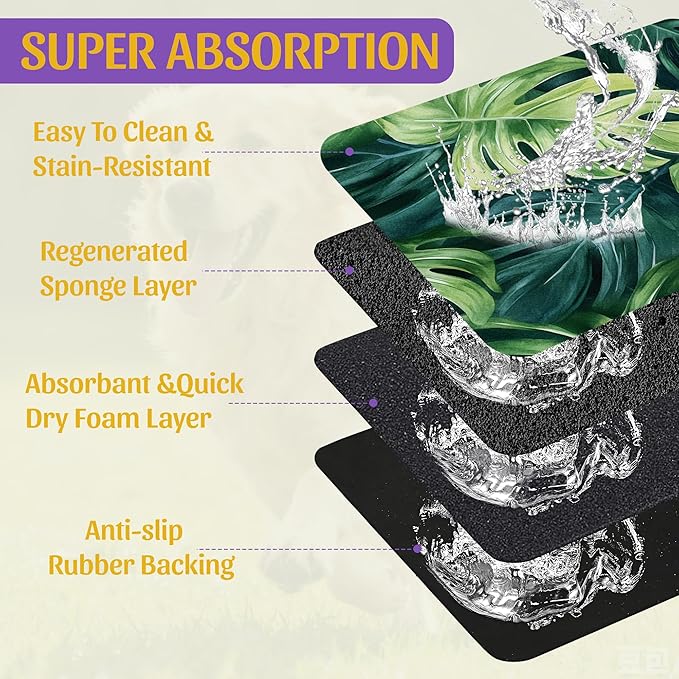 Tropical Palm Leaves Pet Feeding Mat, Absorbent Quick-Dry Dog Cat Bowl Mat, Non-Slip Bottom, Indoor Use – 16x24 Inch