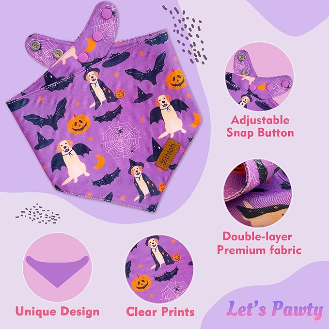 Halloween Dog Bandanas - 2 Pack Purple Dog Bandana with Snap Button | Reversible Pet Scarf for Boy & Girl | Premium Durable Fabric | Holiday Bandana for Medium and Large Dogs (Large)