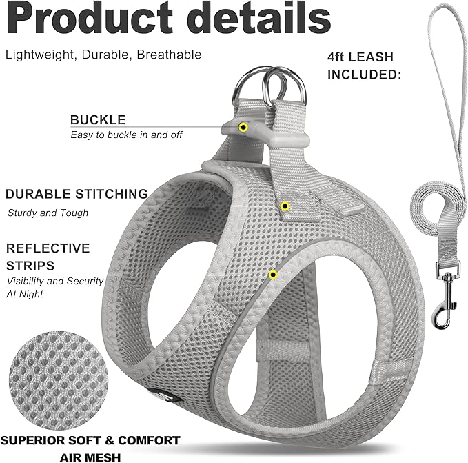 Fida Comfy Dog Harness with Leash, Soft Puppy Vest Escape Proof, Breathable Lightweight Soft Mesh, Adjustable Reflective Step-in Harness for Cat & Extra-Small Pet (XS, Grey)