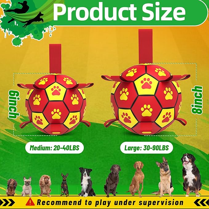 QDAN Dog Toy Balls, Dog Soccer Ball with Straps, Outdoor Dog Toys, World Cup Pet Training Soccer for Medium to Large (8 Inch)