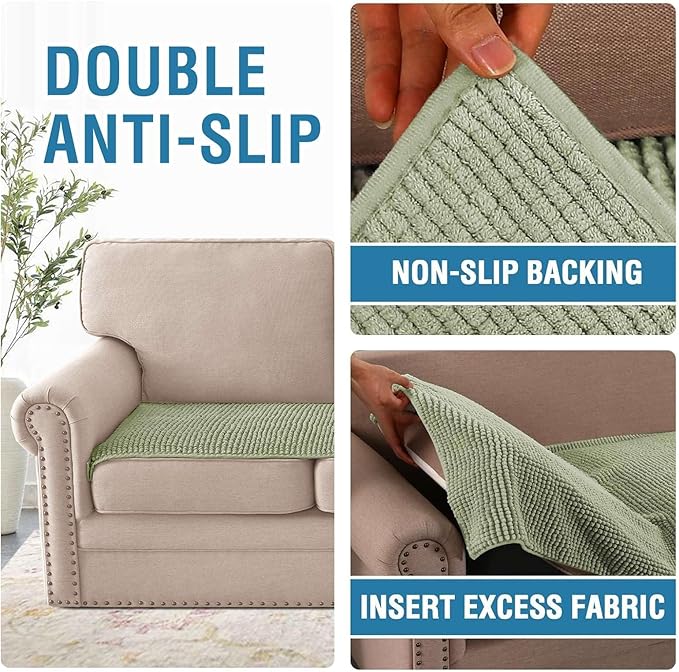 H.VERSAILTEX Plush Chenille Couch Cover for 3 Cushion Couch Anti Slip Washable Sofa Slipcovers Soft and Durable Furniture Protector for Dogs Cats Kids (27.5" x 59", Sage)