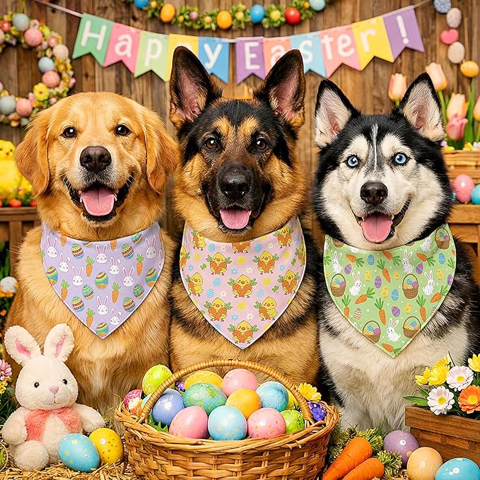 Abbylike 50 Pcs Easter Dog Bandanas Bulk Bunny Egg Carrot Bandanas for Dogs Triangle Kerchief Bibs Scarf Set for Pet Easter Costume Photo Props Accessories Pet Shops, 25 Styles (31.5 x 21.7 x 21.7)