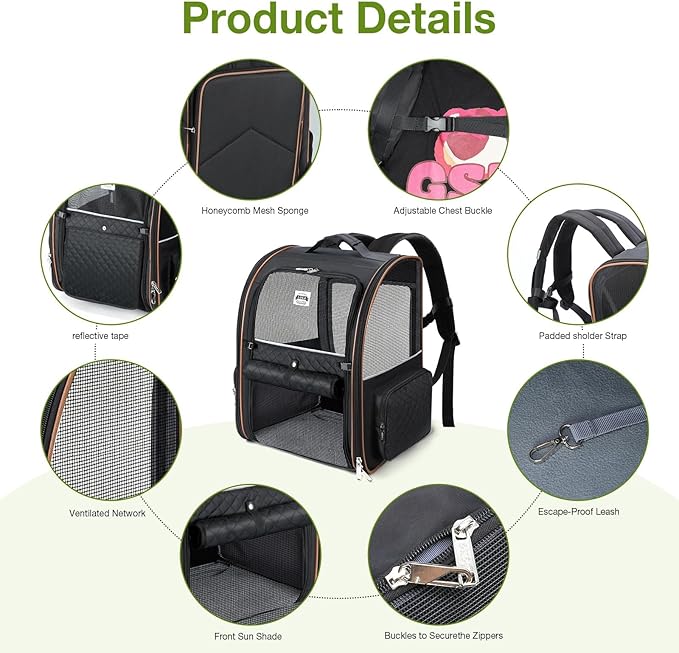 Lekebobor Large Cat Backpack Carrier Expandable Pet Carrier Backpack for Small Dogs Medium Cats Fit Up to 18 Lbs, Dog Backpack Carrier, Foldable Puppy Backpack Carrier for Travel, Black
