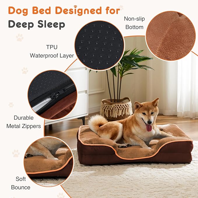 Sweetcrispy Orthopedic Dog Bed, Large Memory Foam Puppy Cat Bed with Washable Waterproof Removable Cover & Non-Slip Bottom for Pet Calming Sleeping (35"x25", Brown)