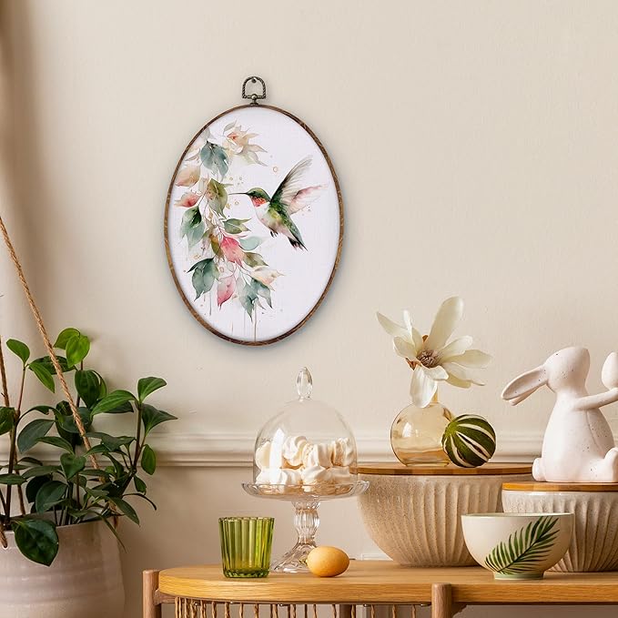 DILSJ Hummingbird Botanical Oval Wall Art Decor, Farmhouse Green Hummingbird Canvas Wall Art Framed, Watercolor Bird Hanging Decorations for Home Living Room Bedroom, 11x8.5 Inch
