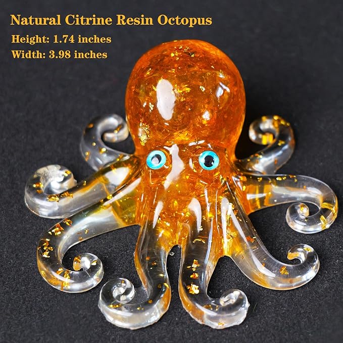 Natural Crystal Gravel Octopus Resin Marine Animals Fish Tank Decorative Ornaments Octopus Statue Healing Crystal Home Decor Ladies Gift 3.93" (Yellow, 3.93")