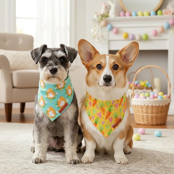 ADOGGYGO Easter Dog Bandana 2 Pack, Bunny Egg Carrot Print Pet Scarf Bib, Adjustable Fit Green Yellow Easter Bandanas for Small Dogs (Small)