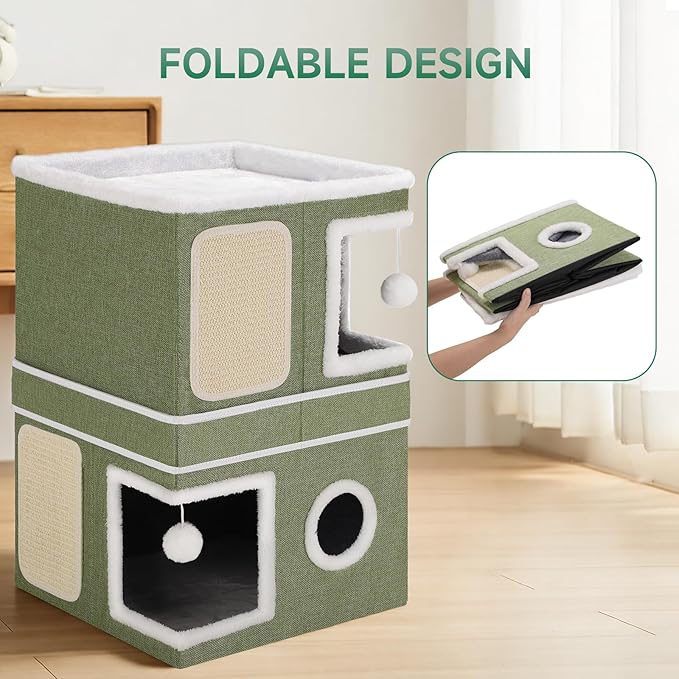 2-Storey Cat House for Indoor Cats, Separate Into 2 Large Cat Bed Cave with Hideaway Condos, Scratch Pads, Hanging Balls, Foldable Indoor Cat House, Cat Cube for Multiple Cats Kitten, Green