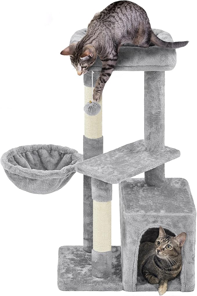 Topeakmart Cat Tree Tower for Indoor Cats, 34.5in Cat Activity Center with Condo & Scratching Post, Cat Climbing Tower Play House w/Large Perch, Platform, Basket for Kitten, Light Gray
