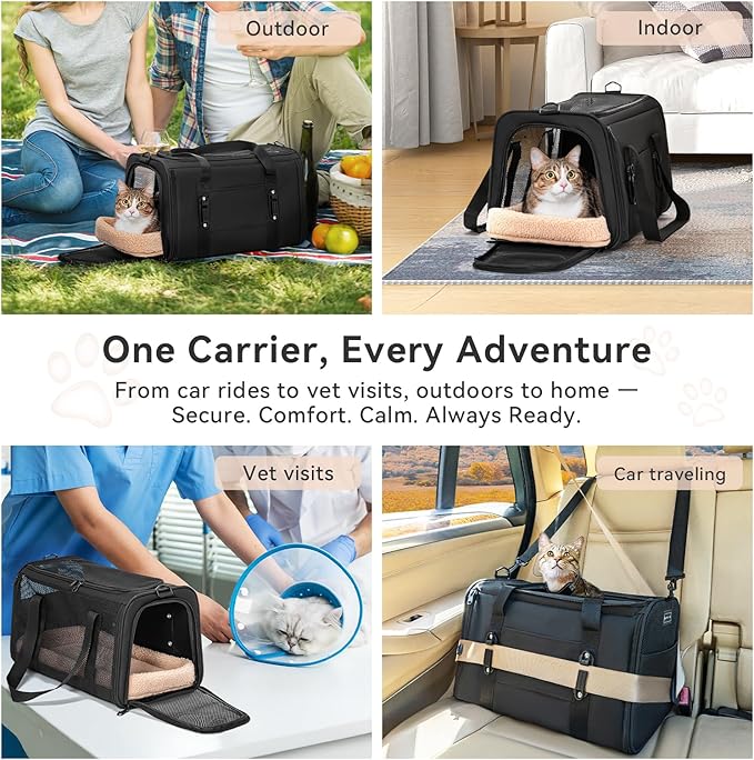 PETSFIT Soft-Sided Cat Carrier with Patented Safety Buckles, Lockable Zippers & Safety Tether,Escape-Resistant Travel Pet Carrier for Car Rides & Vet Visits, Airline Approved Under-Seat, Up to 12 lbs