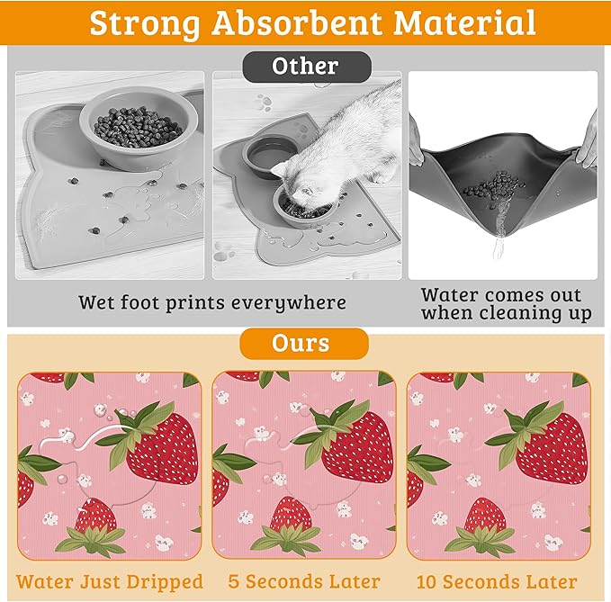 Dog Bowl Mat,Strawberry Pet Feeding Mat for Floors Waterproof,White Daisy Absorbent Dogs Placemat for Food and Water Quick Dry Pet Cat Feeding Mats with Non Slip Bottom 12" x 20"