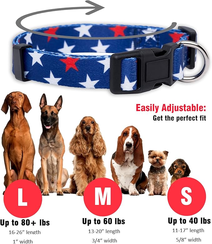 Native Pup American Flag Dog Collar- Red White and Blue- Patriotic Collars for 4th of July, USA- Adjustable Small, Medium, Large Breed Dogs (Large, Red & White Stars)