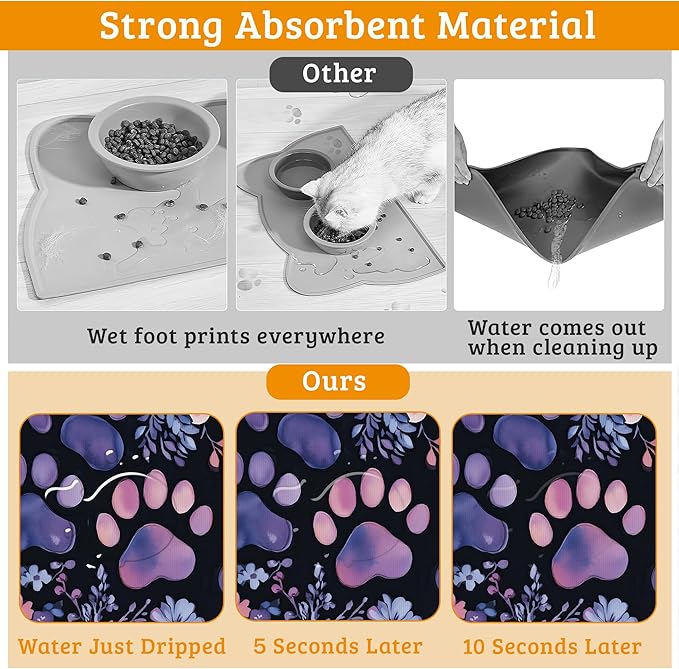 Paw Print Dog Food Mat,Watercolor Flower Absorbent Pet Feeding Mat for Food and Water Bowl,Quick Dry Dog Placemat Non Slip Rubber Backing Waterproof Pet Supplies 16" x 24"