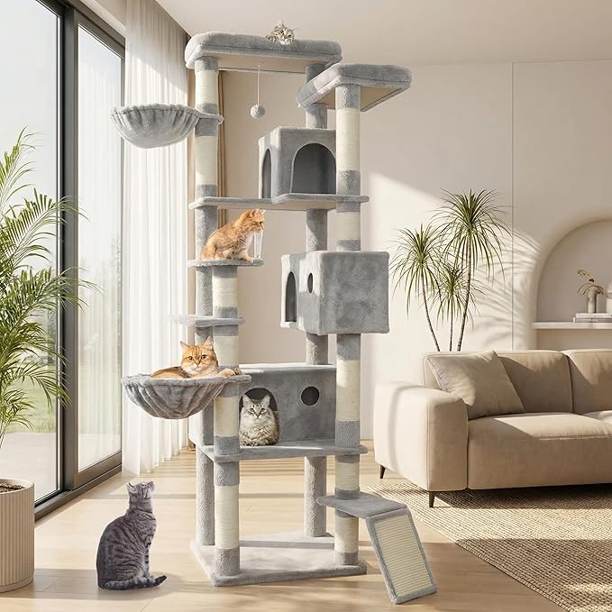 84.6" Multi-Level Tall Cat Tree Tower for Indoor Kitties Larger Cat Condo Furniture with Hammock Cozy Perches Sisal Scratching Posts XXL Pet House (84.6 inch Light Gray)
