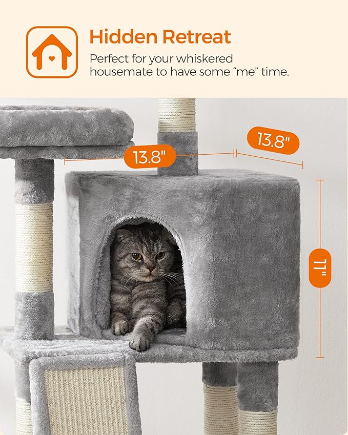 Feandrea Cat Tree, 45.3-Inch Cat Tower, Plush Condo with Scratching Post, Ramp, Perch, Spacious Cave, for Small Space, Light Gray UPCT141W01