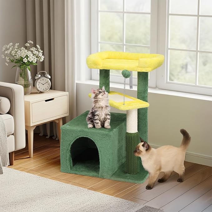 VINGLI Cat Tree, 27 inch Small Cat Tower with Scratching Post and Pad, Cat Condo for Indoor Kittens Padded Top Bed, Cats Indoor Activity Center (Yellow & Green)