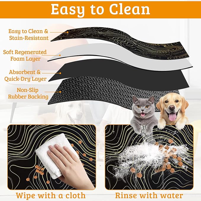 Dog Bowl Mat,Abstract Map Pet Feeding Mat for Floors Waterproof,Golden Lines Texture Absorbent Dogs Placemat for Food and Water Quick Dry Pet Cat Feeding Mats with Non Slip Bottom 16" x 24"