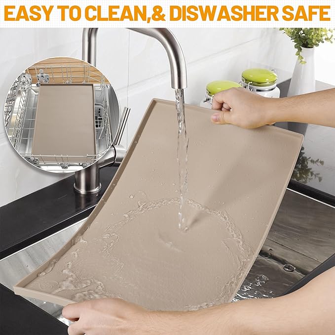 Hubulk Dog Feeding Mat,100% Waterproof Food Grade Silicone Pet Food and Water Bowl Placemat,Dishwasher, High Raised Edge to Prevent Spills,Nonslip Tray to Stop Messes on Floor（19"x12"x0.5", Taupe）