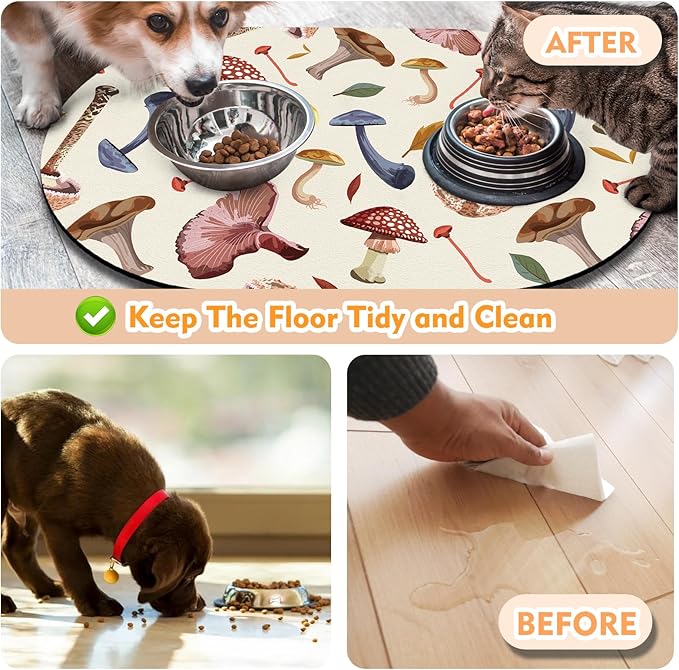 Dog Food Mat 20''x12'', Small Pet Feeding Mat, Non-Slip Rubber Pet Food Mat, Absorbent Cat Dog Water Bowl Mat for Messy Drinkers, Dogs Bowl Placemat for Food and Water, Mushroom