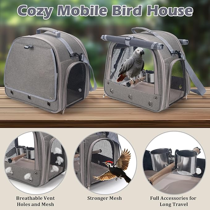 Bird Carrier Parrot Travel Cage with Perch, Food Bowl, Tray and Breathable Clear Window, Bird Travel Bag for African Gray Cockatiel Caique Conure Quaker, for Vetting Camping Hiking (Gray)