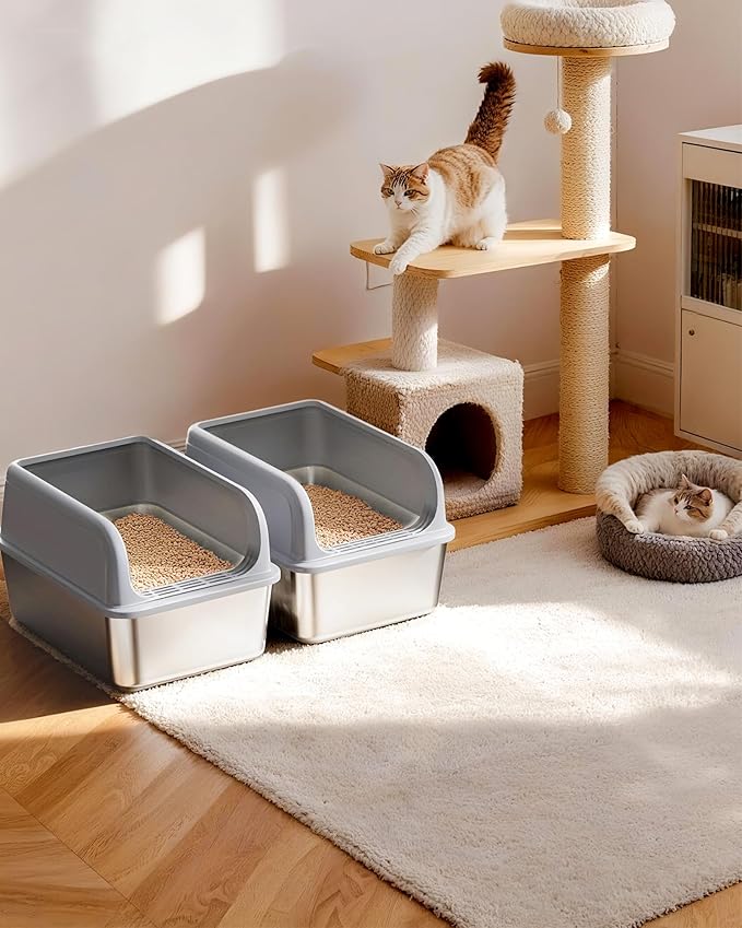 2-Pack Stainless Steel Cat Litter Box for Kitty with Scoops, Non-Stick & Easy-to-Clean Metal Cat Litter Box with Leakproof Enclosure, Grey