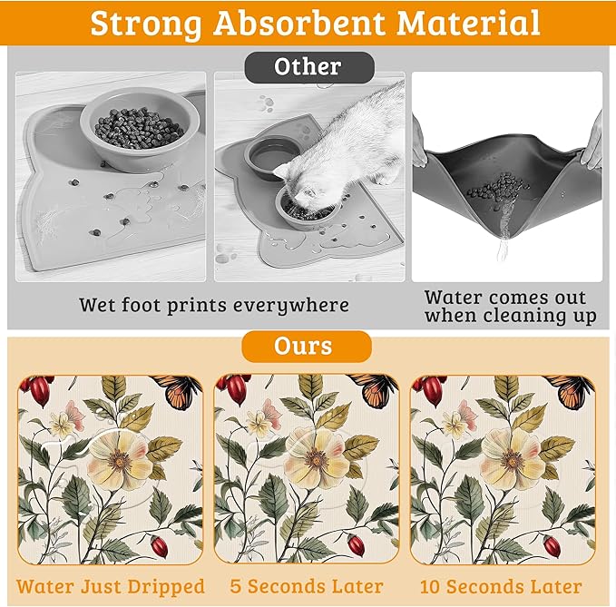 Butterfly Flower Dog Food Mat,Vintage Berry Absorbent Pet Feeding Mat for Food and Water Bowl,Quick Dry Dog Placemat Non Slip Rubber Backing Waterproof Pet Supplies 12" x 20"
