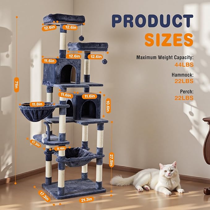 Sweetcrispy 71 inch Cat Tree Tower, Large Multi Level Cat Climbing Tower with Condo, Natural Sisal Scratching Posts, Platform, Hammock, Basket, Tall Pet Tree House for Indoor Cats Play, Dark Blue