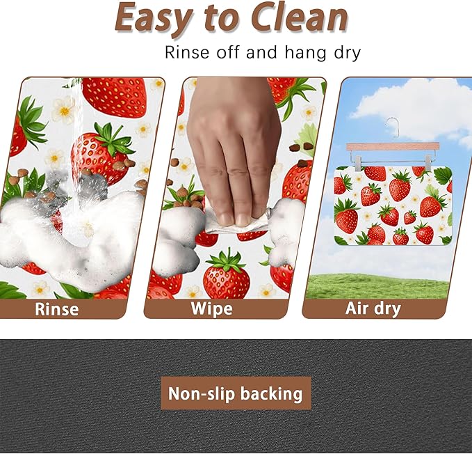 Cute Strawberry Flower Dog Cat Food Mat,Absorbent Pet Feeding Mat with Rubber Backing,Non-Slip Water Bowl Placemat,Indoor Pet Accessories Supplies 12"x20"