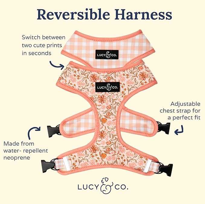 Lucy & Co. Cute Reversible Dog Harness Walking Halter - Best Designer Pet Harnesses for XS - XL Dogs - Padded Adjustable Vest for Easy Walking-Medium-Peach Pink Floral Plaid