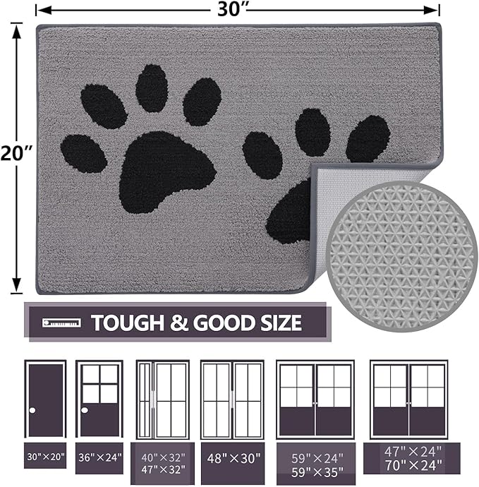 Buganda Dog Door Mat for Muddy Paws, Absorbent Dirt Trapper Washable Indoor Doormats, Non Slip Low-Profile Mud Mat for Dogs, Front Entrance Doormat for Inside Floor (36x24 Inches, Grey)