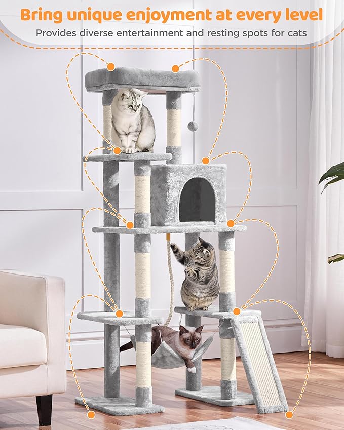 Yaheetech Cat Tree Cat Tower, 63in Multi-Level Kitten Tree for Indoor Kitty, Pet Condo Furniture with Scratching Posts, Large Top Perch, Hammock, Tall Climbing Stand for Kitty Play