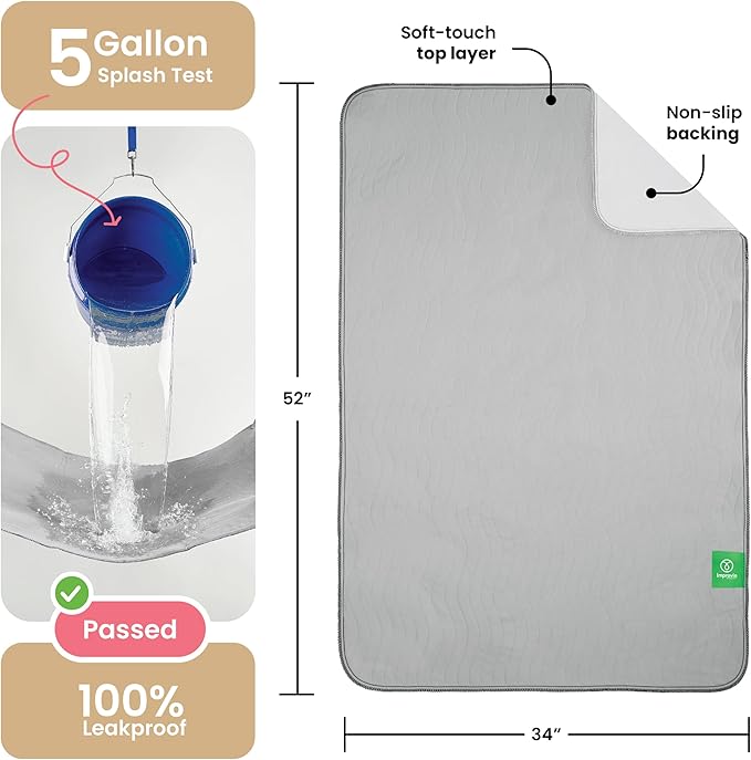 IMPROVIA® Washable Underpads 34" x 52" Pack of 2 Heavy Absorbency Reusable Bedwetting Incontinence Pads for Adults, Kids, & Pets - Waterproof Protective Pad for Bed, Couch, Sofa, Floor (Gray & White)