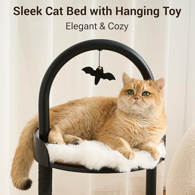 Modern Cat Tree Tower for Indoor Cats up to 12lbs, 34" H Furniture-Style Metal Cat Tower with Scratching Posts, Wood Cat Bed with Soft Plush Cushion Washable, Acrylic Capsule, Classic Black