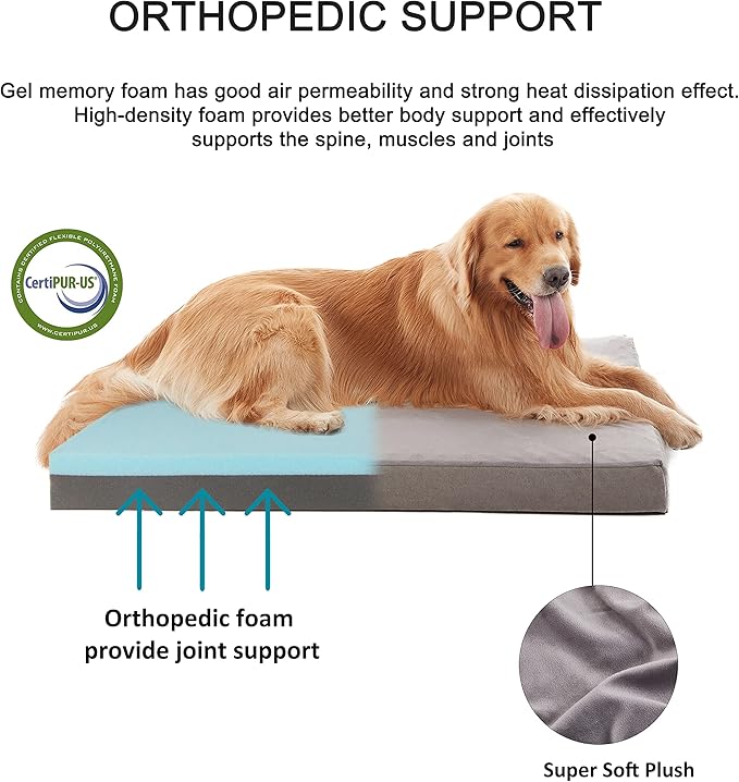 Jumbo Dog Bed for Large Dogs, Orthopedic Memory Foam Pet Bed, Washable Dog Crate Bed with Cooling Gel, Removable Cover & Waterproof Lining