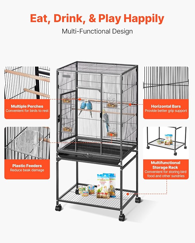 VEVOR Bird Cage, 24.6 x 16.7 x 53.9 inch, Flat Top, Wrought Iron Bird Flight Cage with Perches, Slide-Out Tray and Plastic Feeders, Casters, for Parrot, Blue Tit, Cockatiel, Canary, Budgerigar, Conure